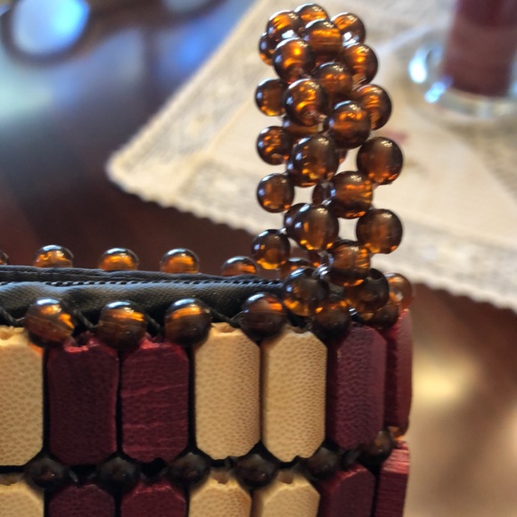 VINTAGE WOODEN HANDMADE BEADED CLUTCH PURSE BAG UNIQUE STURDY LINED ZIPPER- #487 - Picture 12 of 12
